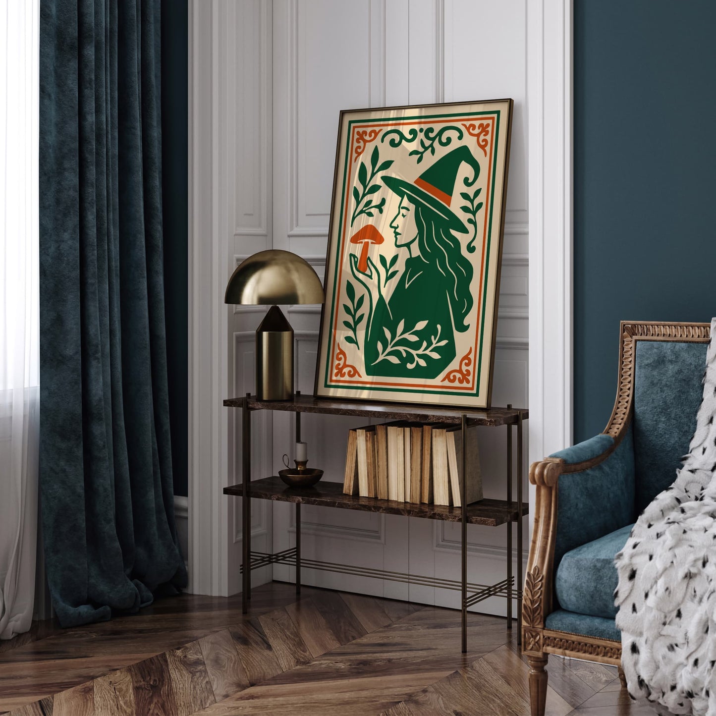 Green & Orange Witch Mushroom Halloween Print