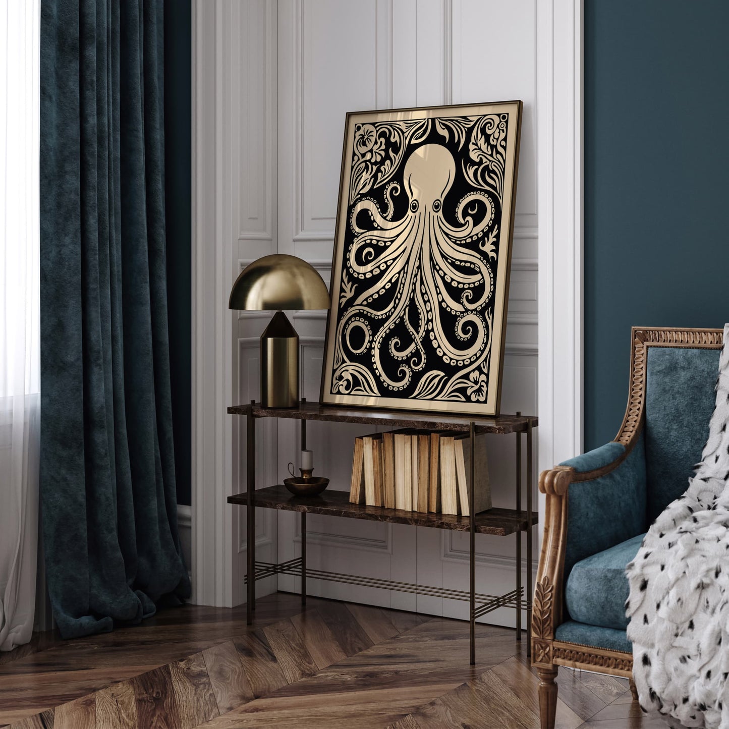 Octopus Rococo Style Black Animal Art Print