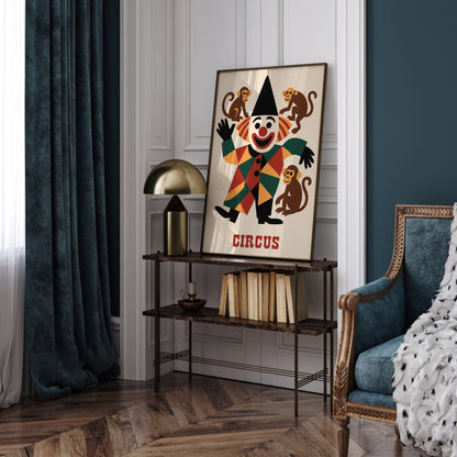Circus Poster Funny Clown with Monkeys Art Print