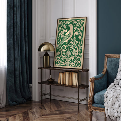 Green Rococo Bird in Floral Pattern Poster