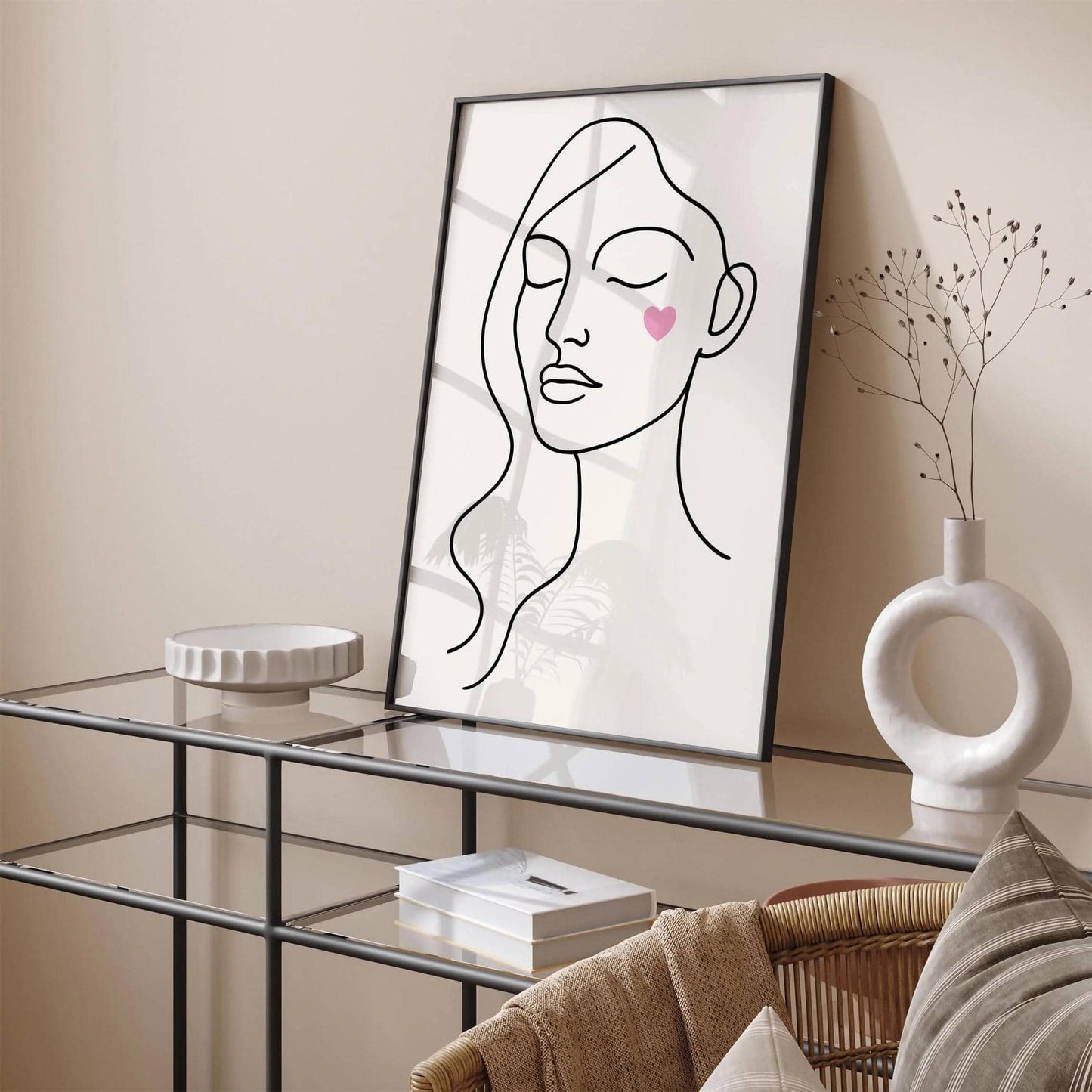 Line Art Cute Woman Portrait with Pink Heart on Cheek