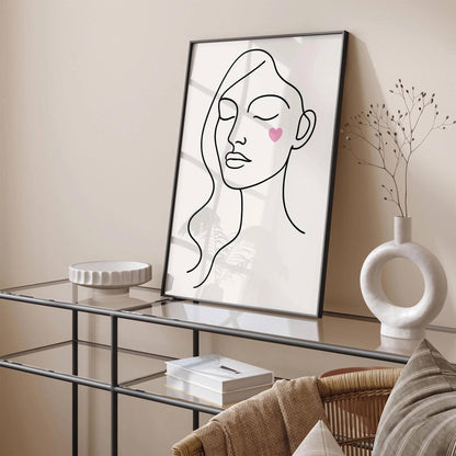 Line Art Cute Woman Portrait with Pink Heart on Cheek