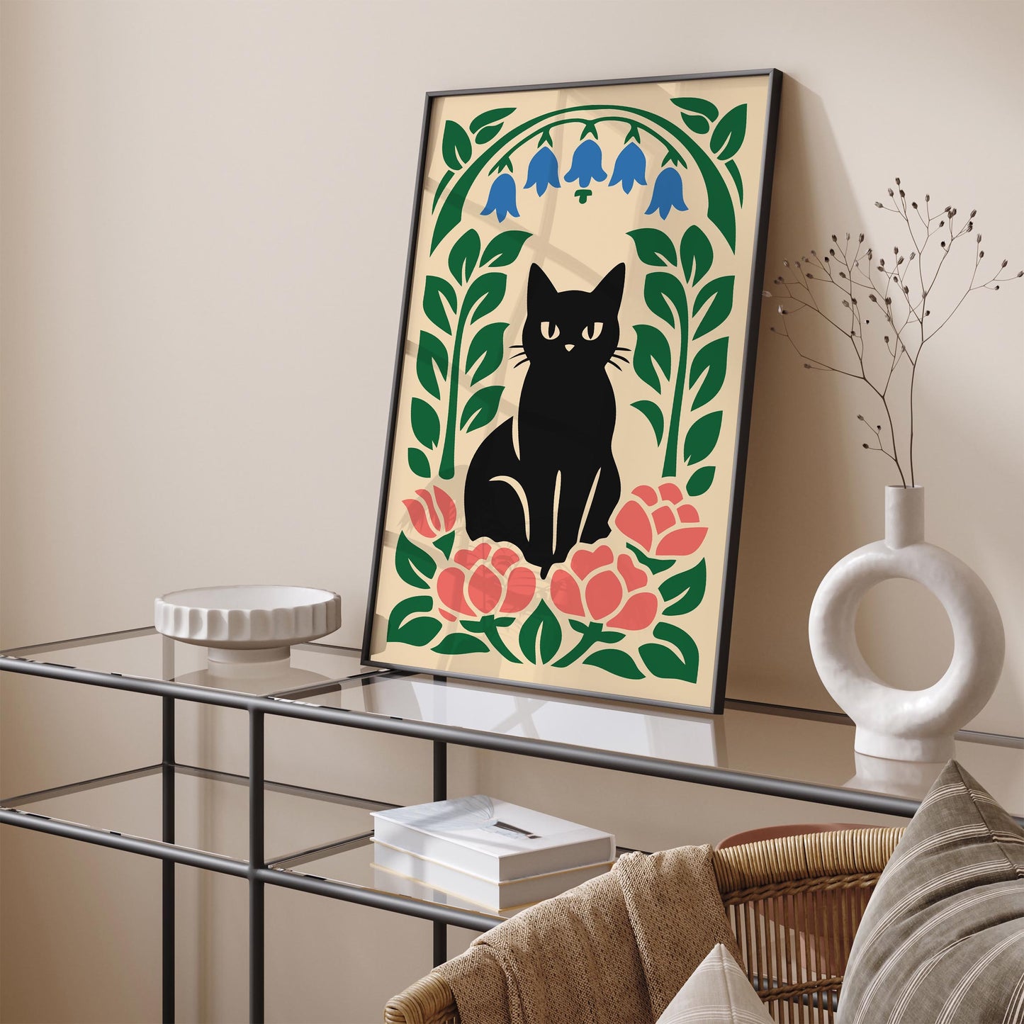 Black Cat Floral Poster