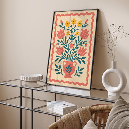 Boho Floral Vase Poster - Folk Botanical Print