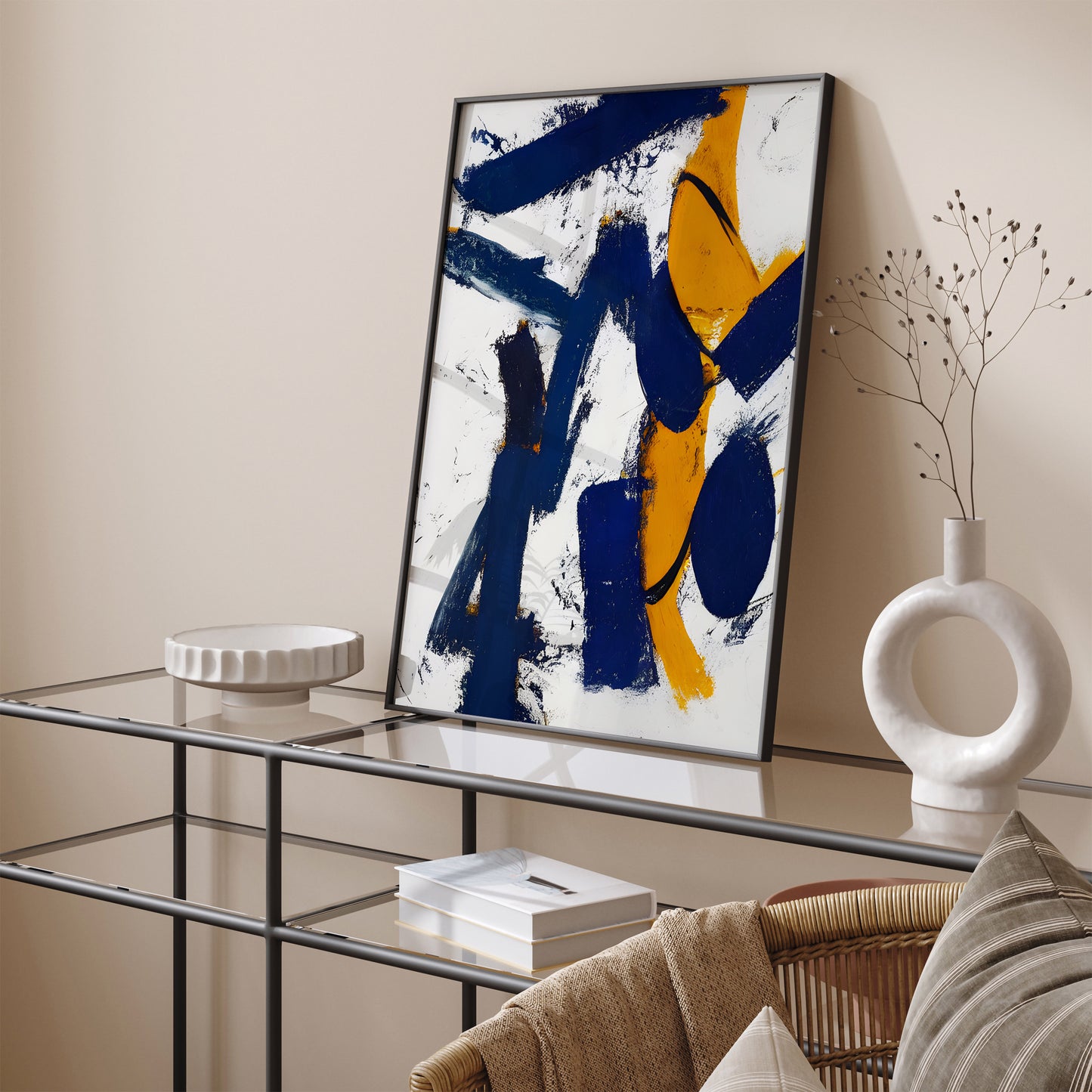 Navy Blue and Yellow Abstract Painting Print