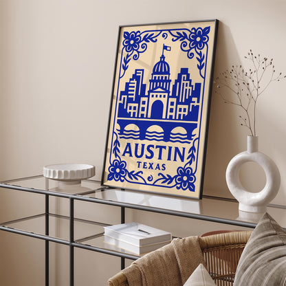 Austin Texas Poster - Blue Cityscape Travel Wall Art
