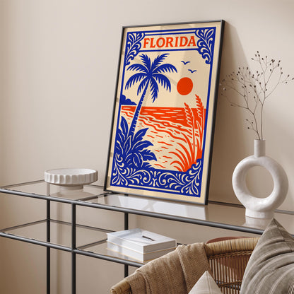 Florida Retro Travel Poster - Vintage Beach Palm Tree Wall Art