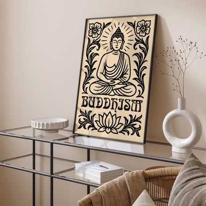 Buddhism Black Floral Art Print with Sitting Buddha