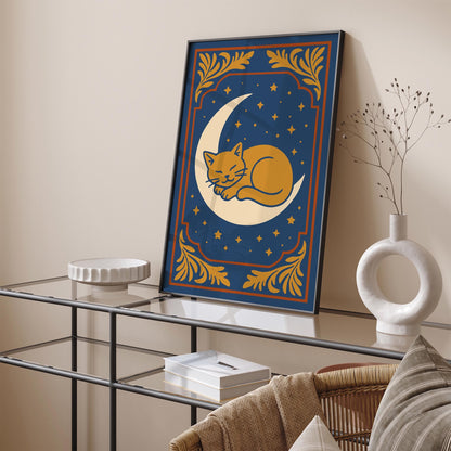 Sleeping Cat on the Moon Poster - Bedroom Wall Decor