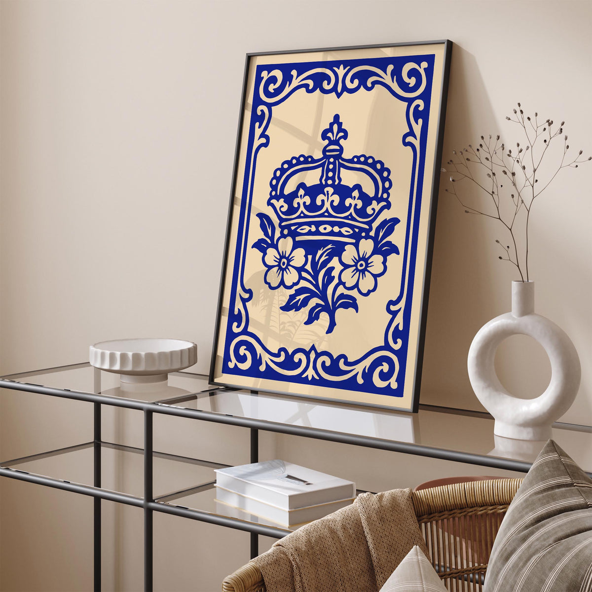 Royal Blue Rococo Floral Crown Art Poster