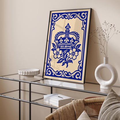 Royal Blue Rococo Floral Crown Art Poster