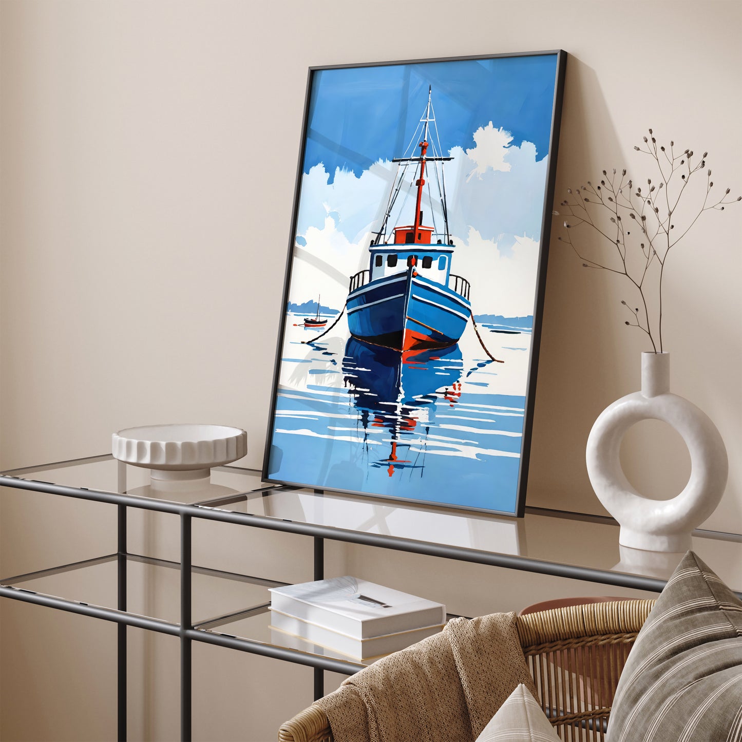 Boat On Ocean Blue Painting Print