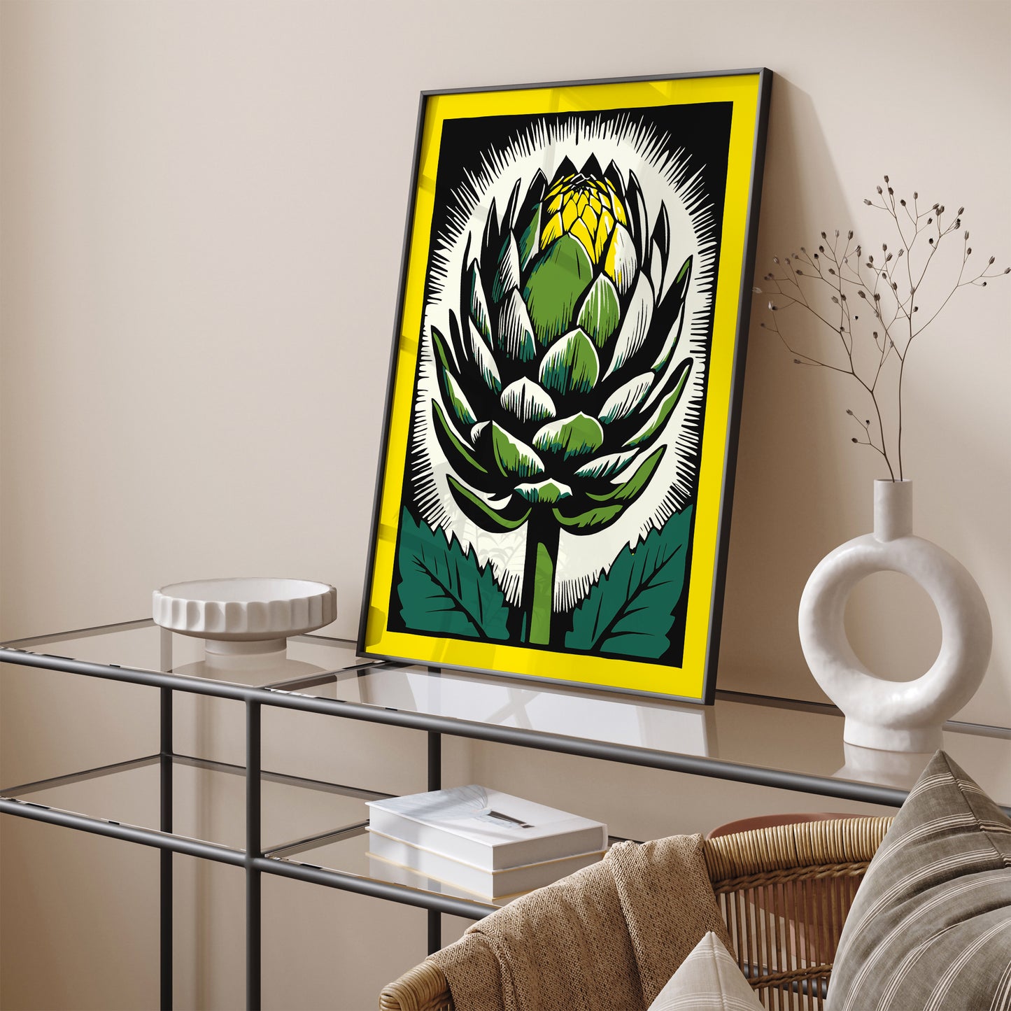 Vintage Artichoke Linocut Yellow Poster