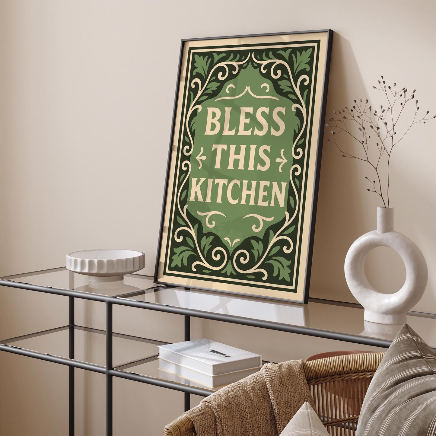 Green Kitchen Poster - Bless This Kitchen Art