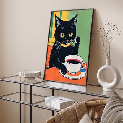 Black Coffee Cat Retro Print