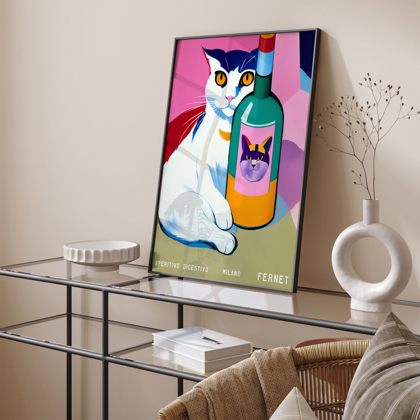 Fernet Milano Retro Wine Cat Poster