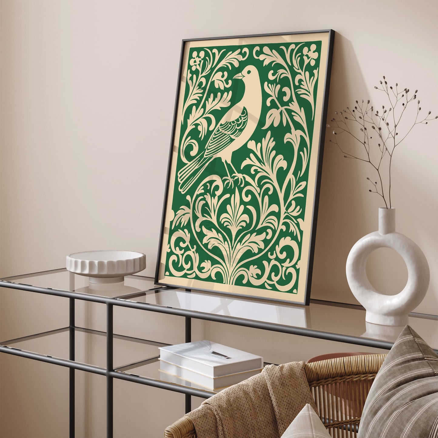 Green Rococo Bird in Floral Pattern Poster