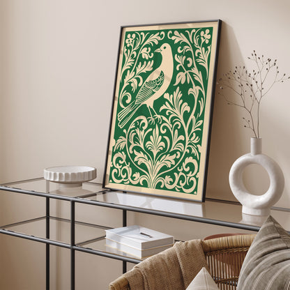 Green Rococo Bird in Floral Pattern Poster