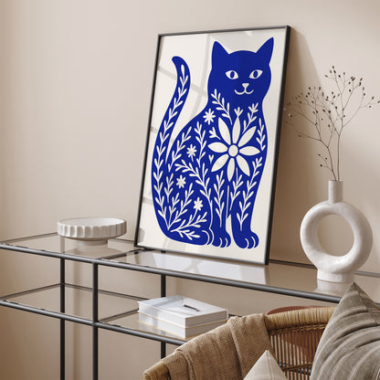 Cute Blue Cat with Floral Pattern Poster