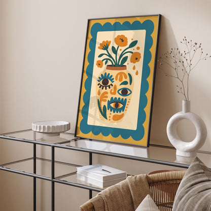 Boho Floral Vase with Eyes – Retro Wall Art