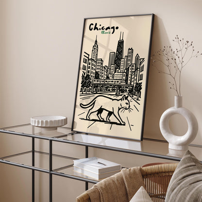 Chicago Illinois Poster - Walking Cat Wall Art Print