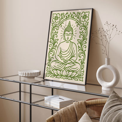 Green Sitting Buddha Poster – Floral Buddhist Art Print
