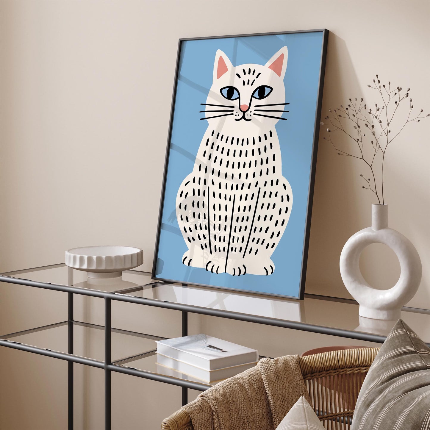 White Cat Poster - Chubby Kitty Wall Art Print