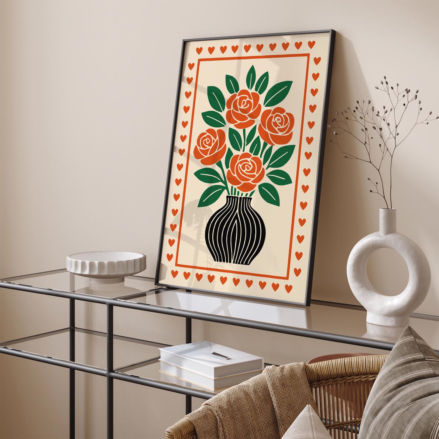 Red Roses Poster - Retro Flowers in Vase Print