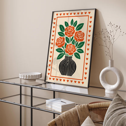Red Roses Poster - Retro Flowers in Vase Print