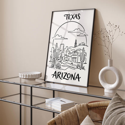 Texas Arizona Line Art BW Poster