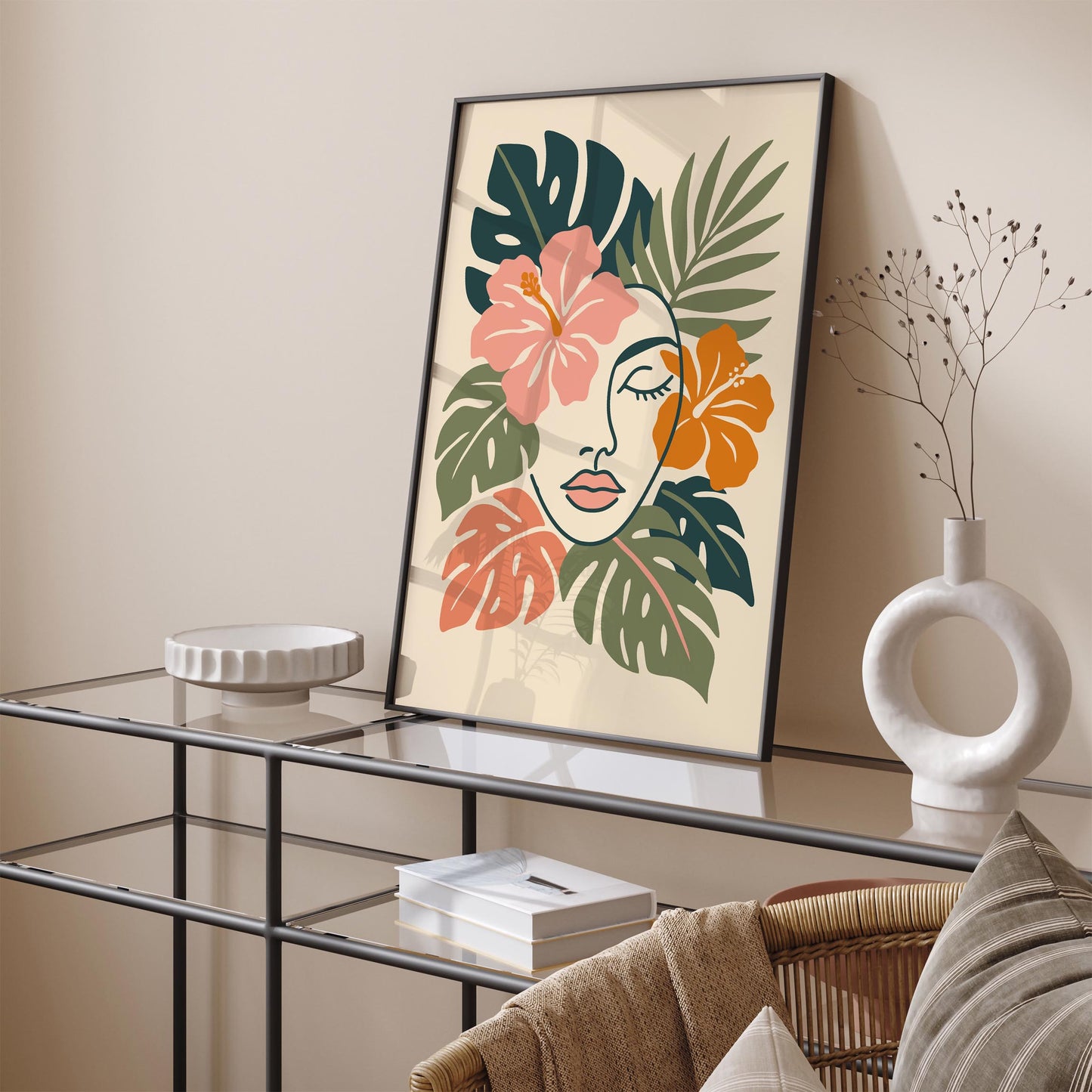 Line Art Woman Face in Tropical Leaves Poster