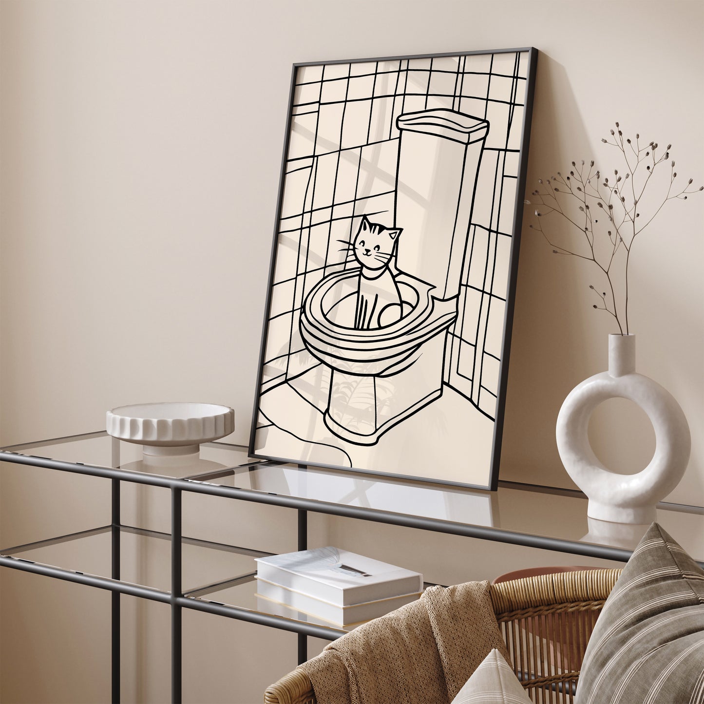 Cat on Toilet - Funny Line Art Print