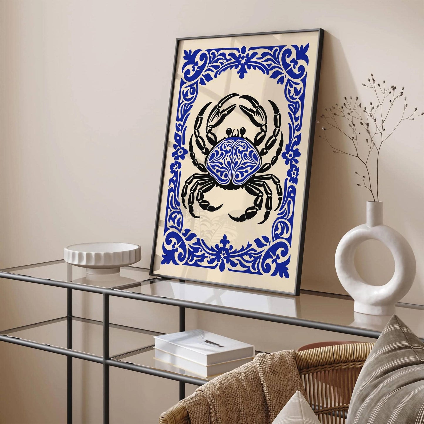 Blue Floral Crab Animal Poster in Rococo Style