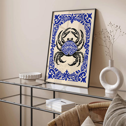 Blue Floral Crab Animal Poster in Rococo Style