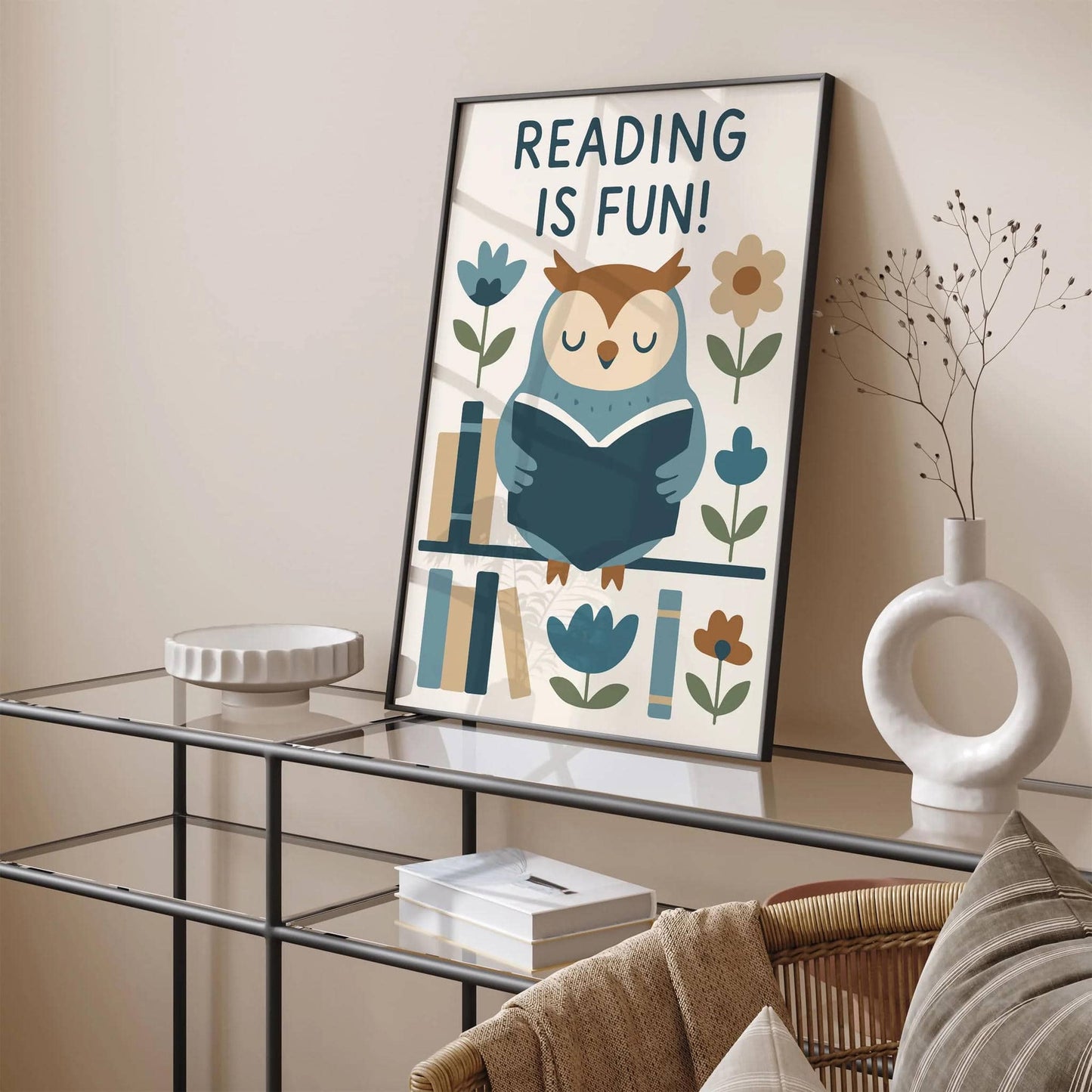 Reading is Fun! Poster - Blue Owl Art Print