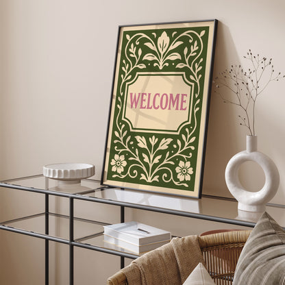 Green Welcome Sign Art Print in Floral Botanical Rococo Style