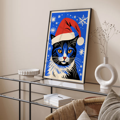 Cat Santa Blue Art Print