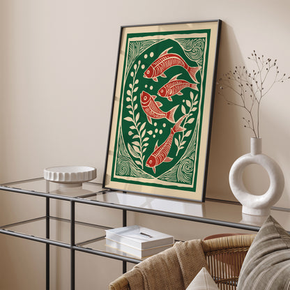 Japanese Linocut Fish Poster - Beach House Decor