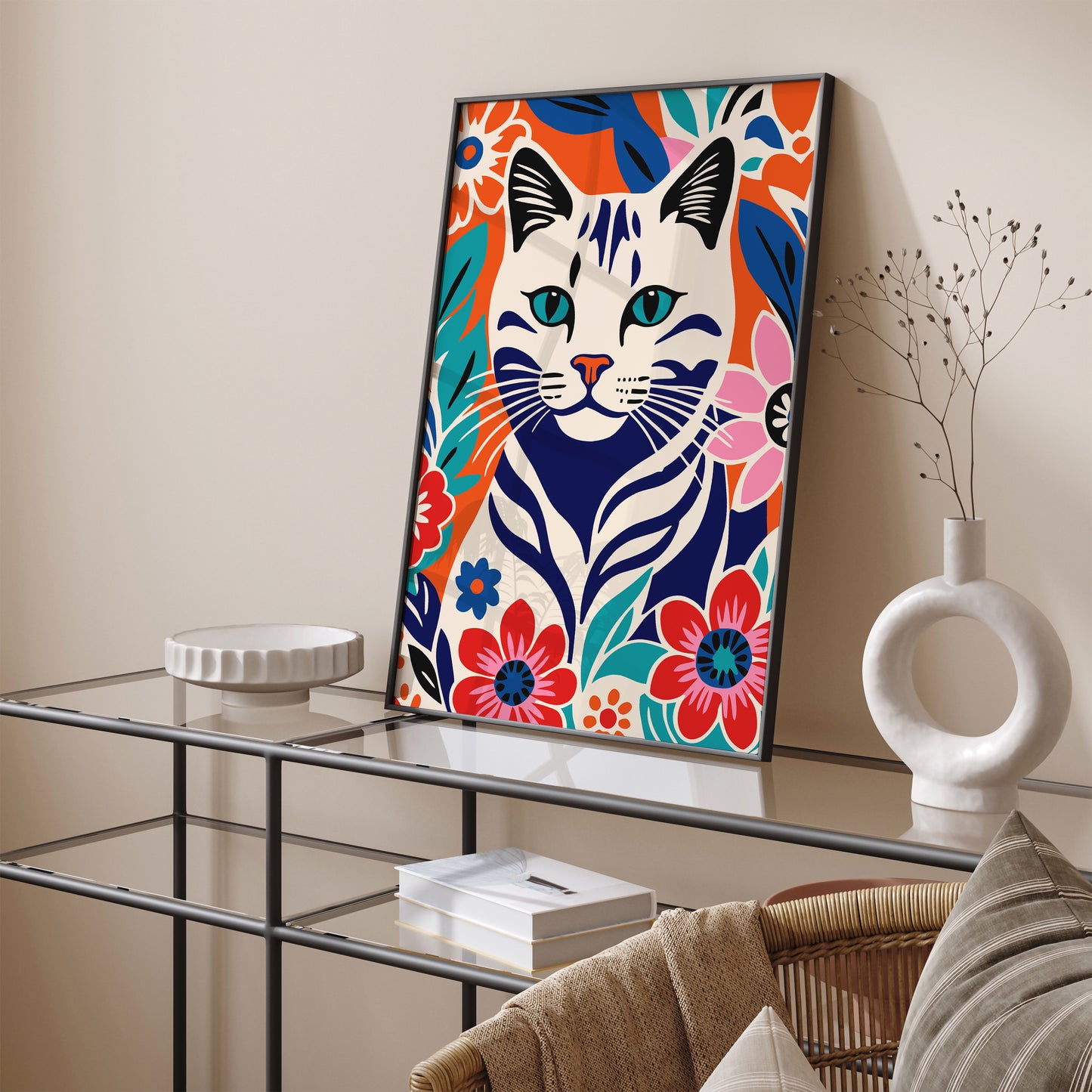 Colorful Cat in Flowers Illustration