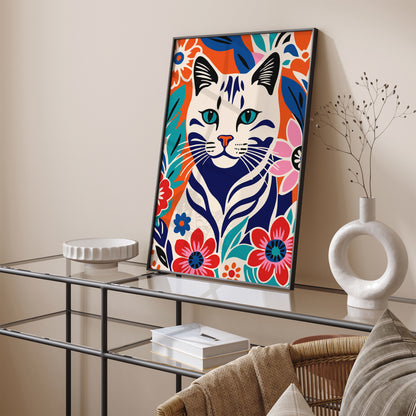 Colorful Cat in Flowers Illustration