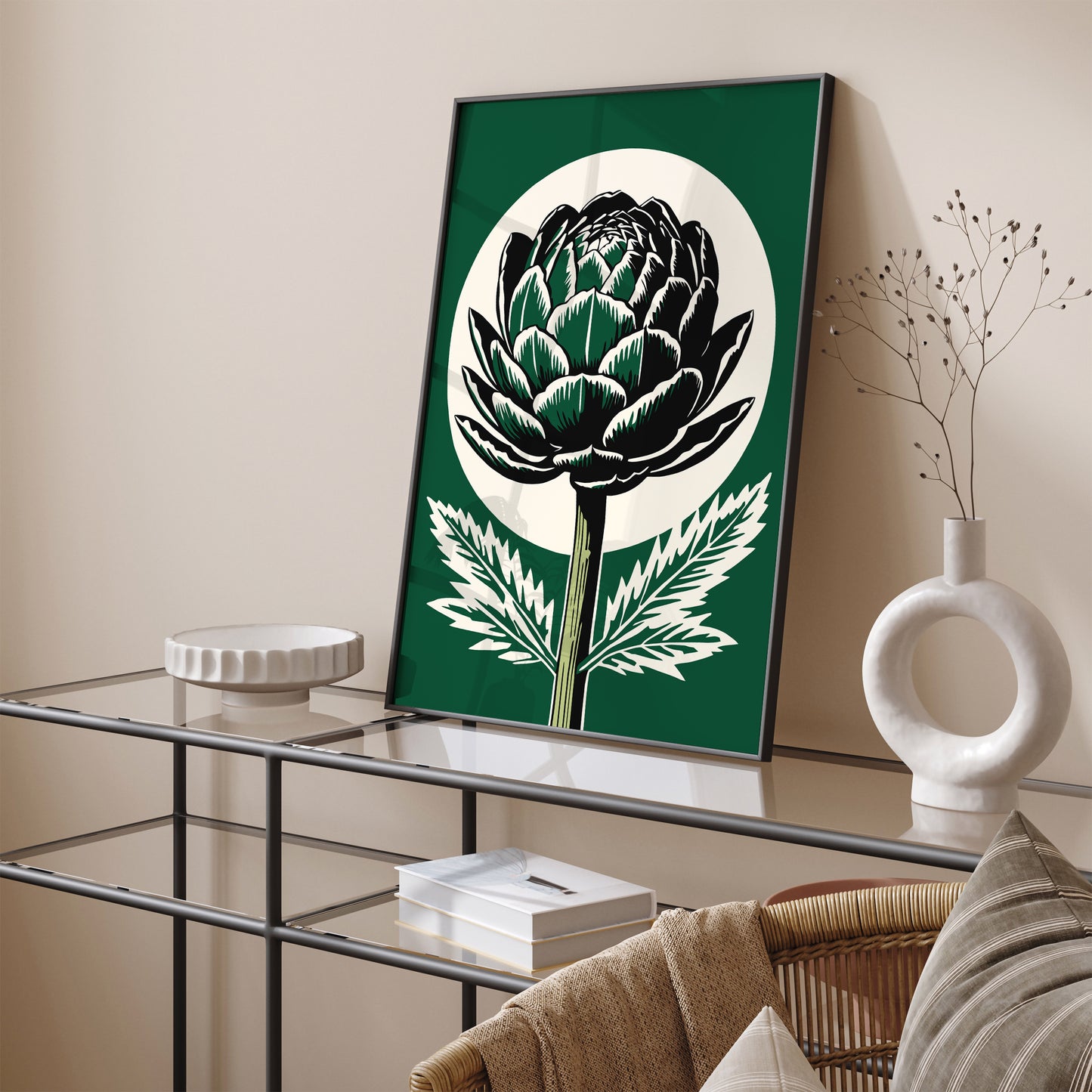 Vintage Artichoke Linocut Green Wall Art