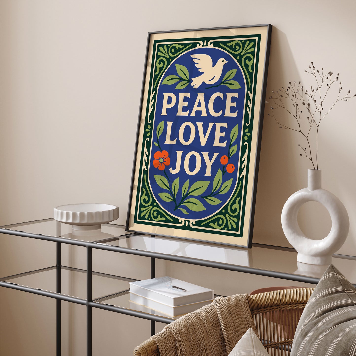 Peace Love Joy Poster – Dove & Floral Wall Art