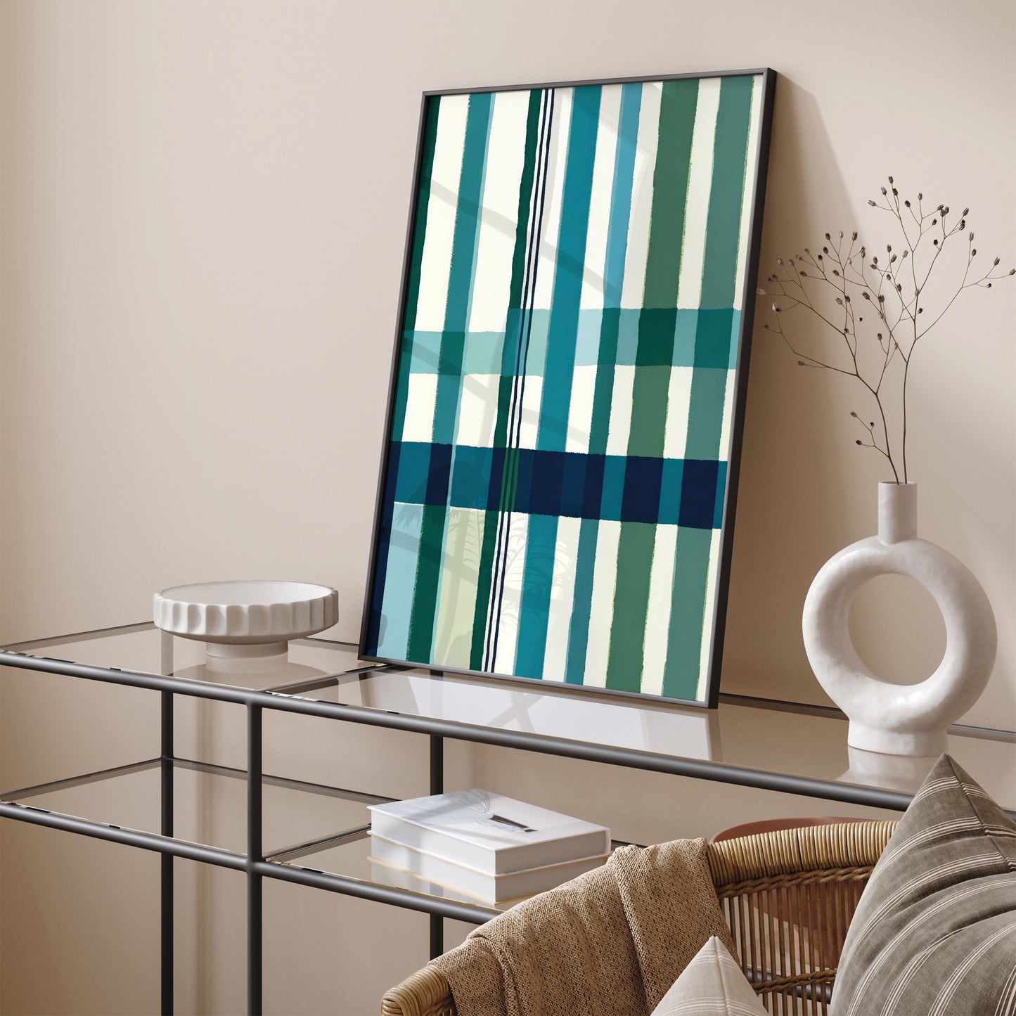 Blue Checkered Abstract Art Print for Bathroom Decor