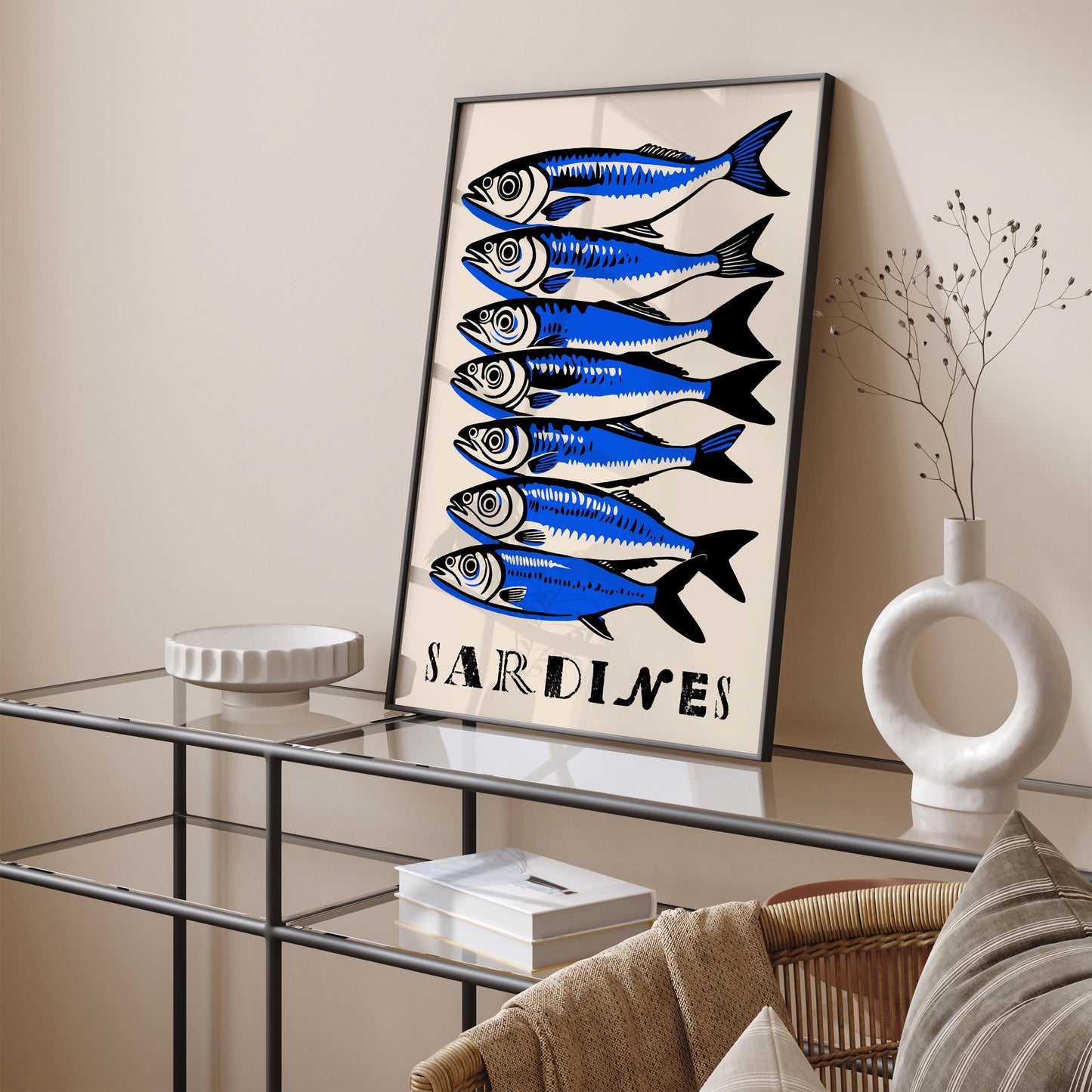 Blue Sardines Art Print Retro Kitchen Decor