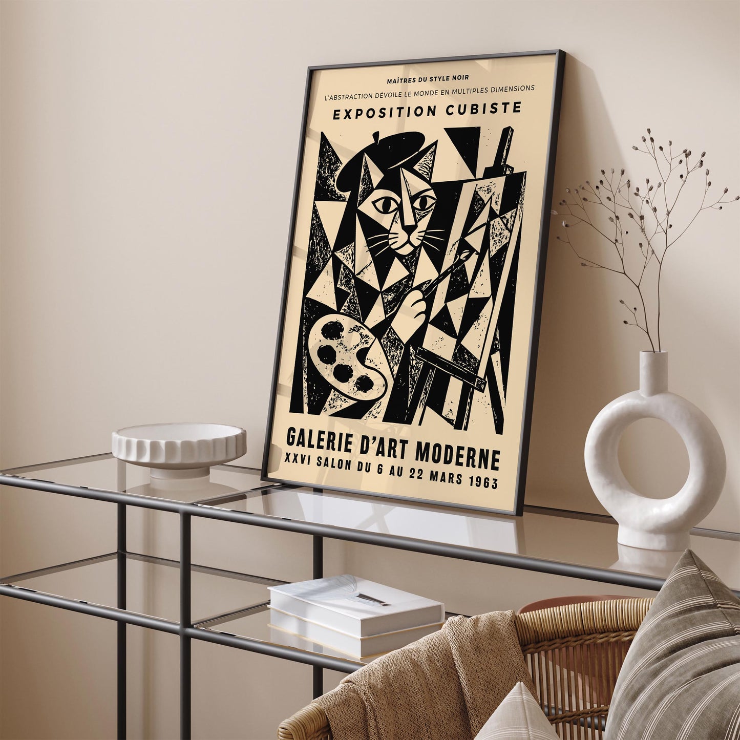 Cat Painter Poster – Vintage Cubism Exhibition Wall Art Print
