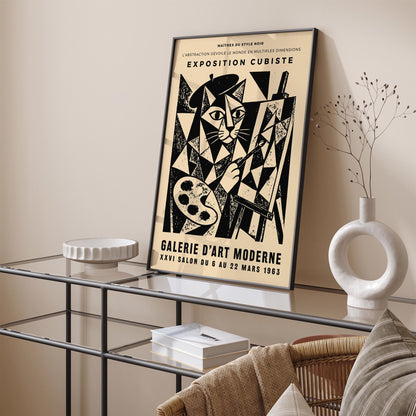 Cat Painter Poster – Vintage Cubism Exhibition Wall Art Print