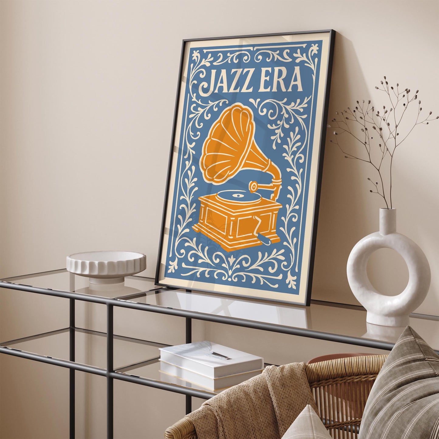 Jazz Era Music Poster - Blue & Yellow Floral Art Print