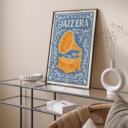 Jazz Era Music Poster - Blue & Yellow Floral Art Print