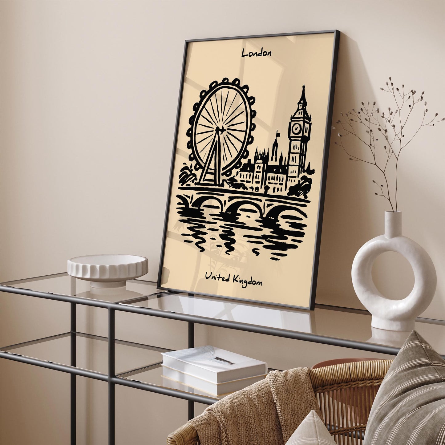 London United Kingdom - Black Ink Cityscape Wall Art Print