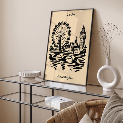 London United Kingdom - Black Ink Cityscape Wall Art Print